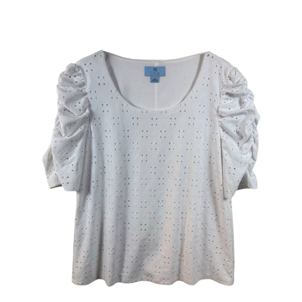 CeCe White Eyelet Ruched Puff Sleeve Top Lined Scoop Neck Womens M